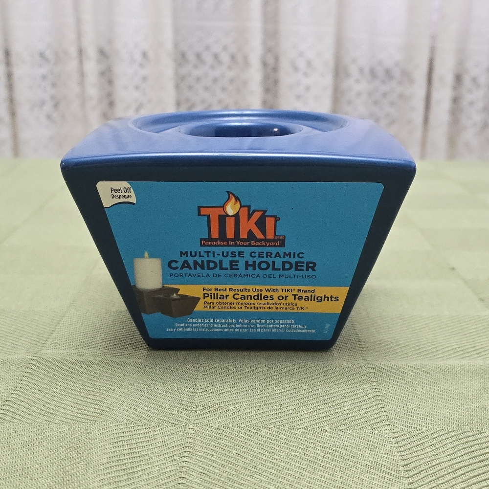NEW Blue TIKI Ceramic Candle Holder for Pillar or Tea Light Candles Tabletop